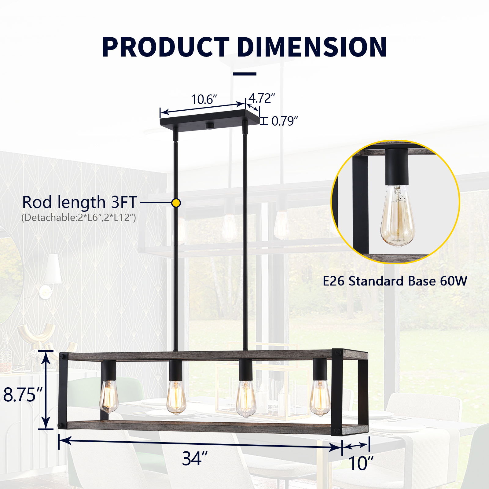 4-Light Industrial Farmhouse Pendant Light,Large Modern Pendant Light Fixtures,Black Pendant Light Fixture For Dinning Room ,Kitchen Island,Living Room(Bulb not included)