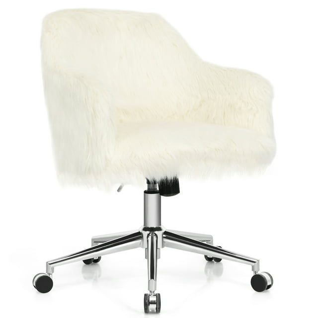 Costway Chaise de Bureau Pivotante en Fausse Fourrure Chaise de Tâche Réglable Chaise de Coiffeuse Duveteuse
