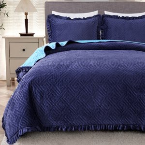MERRY HOME Quilt Set 3 Pieces Velvet Bedspread Coverlet Set with Pillowshams Soft Lightweight Quilt King Navy