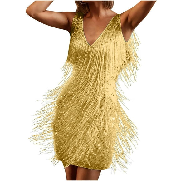 GDREDA Women's Deep V Neck Sleeveless Pencil Dress with Fringe Detail Elegant Solid Midi Party Skirt Gold,S