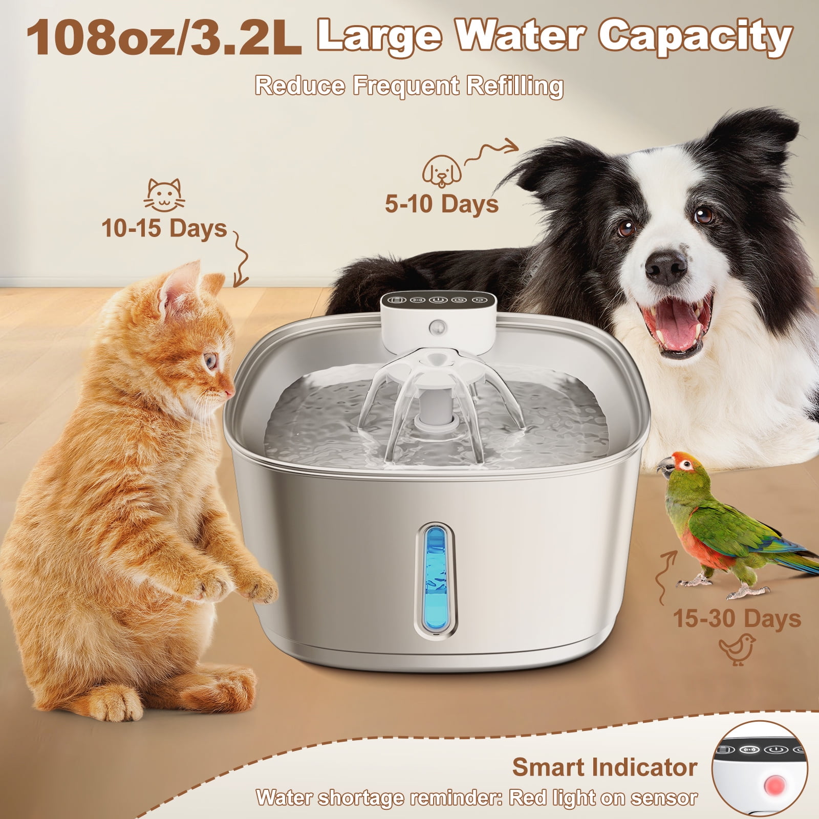 BEBANG Wireless Cat Water Fountain Battery Operated, 108oz/3.2L Automatic Pet Fountain for Dogs Cats Drinking Indoor, 8 Filters