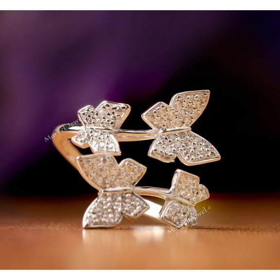 Butterfly Design Diamond Ring, Pave Set Diamond Ring, Open Cuff Engagement Ring, Bypass Diamond Wedding Ring, 925 Sterling Silver, 1.5 Ct Simulated Diamond