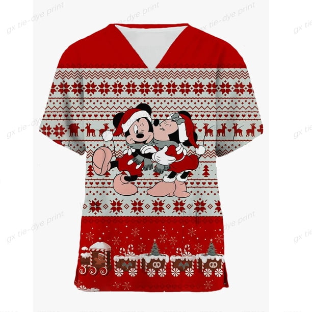 Women's Nurse Uniform Short-sleeved V-neck Work Clothes Women's Disney Mickey Mouse Printed Christmas Medical Care ClothesXXL Gao Jinjia LED