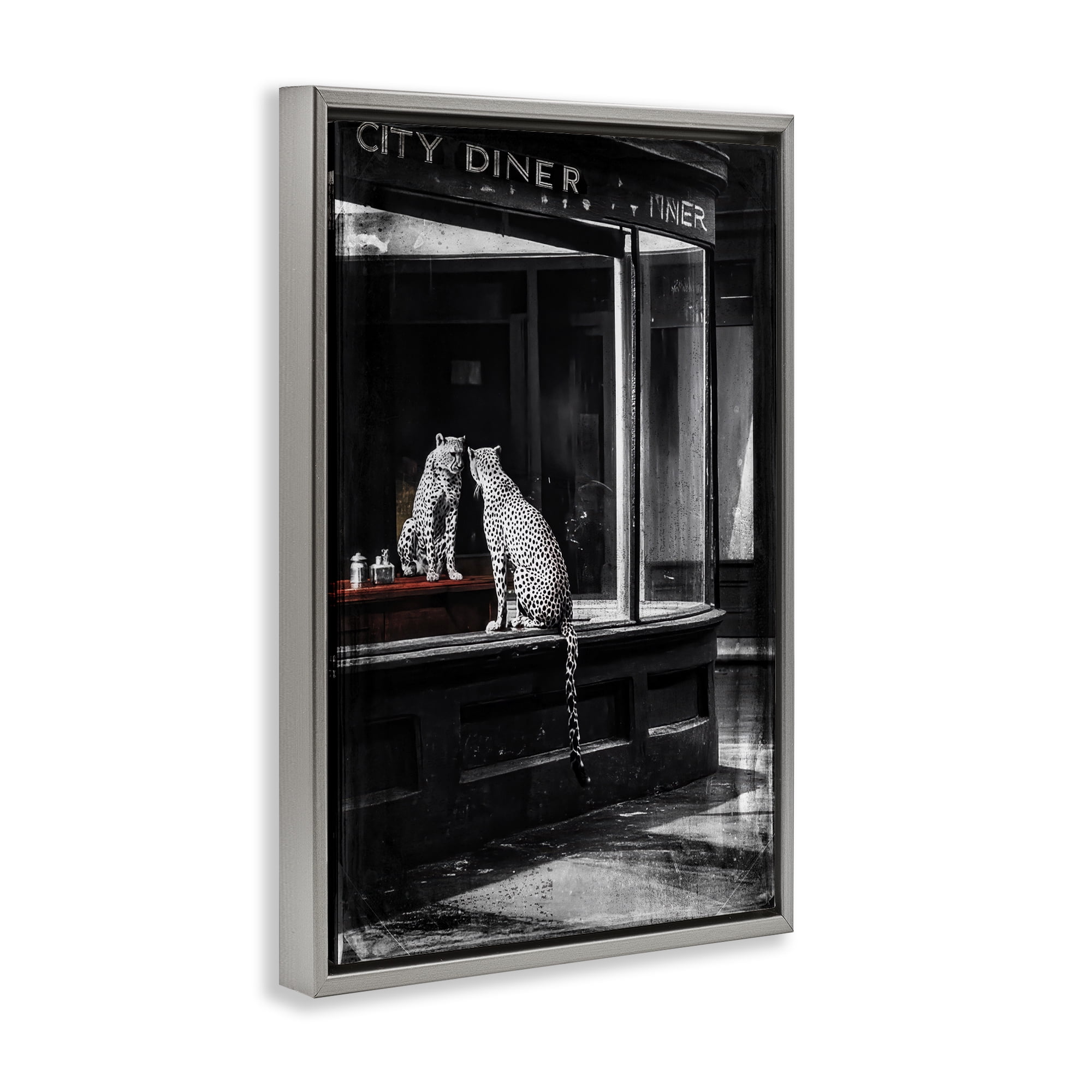 Stupell Industries Diner Noir Leopard Reflection Gray Framed Floater Canvas Wall Art, design by Annabelle Hall