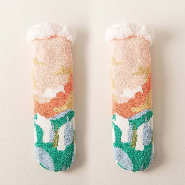 Chaussettes en Velours d'Agneau Style Mignon pour Femmes Automne et Hiver Maison Plus Velours Épaisses Chaussettes de Sol Bas Bas de compression Multicolores