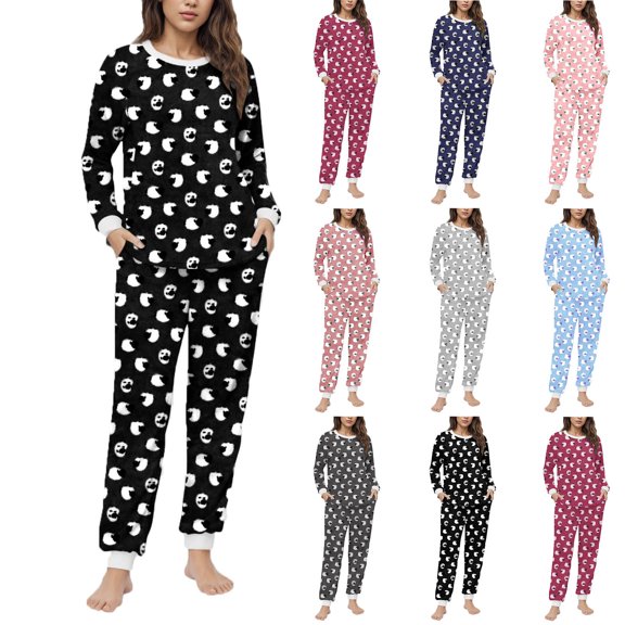 Ashirexll Fuzzy Pajamas for Women, Womens Winter Sets, Casual Round Neck Print Long Sleeve Top and Long Pocket Pants Fashion Set