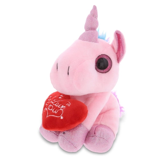 DolliBu I LOVE YOU Plush Sparkling Big Eye Pink Unicorn - Cute Stuffed Animal with Heart & With Name Personalization For Valentine, Anniversary, Romantic Date, Boyfriend, & Girlfriend Gift - 7"