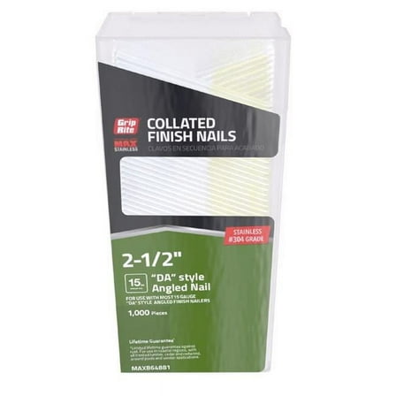 Grip Rite MAXB64881 304-SS 15ga Angle Nails in Belt Clip Box PK of 1000,2-1/2"