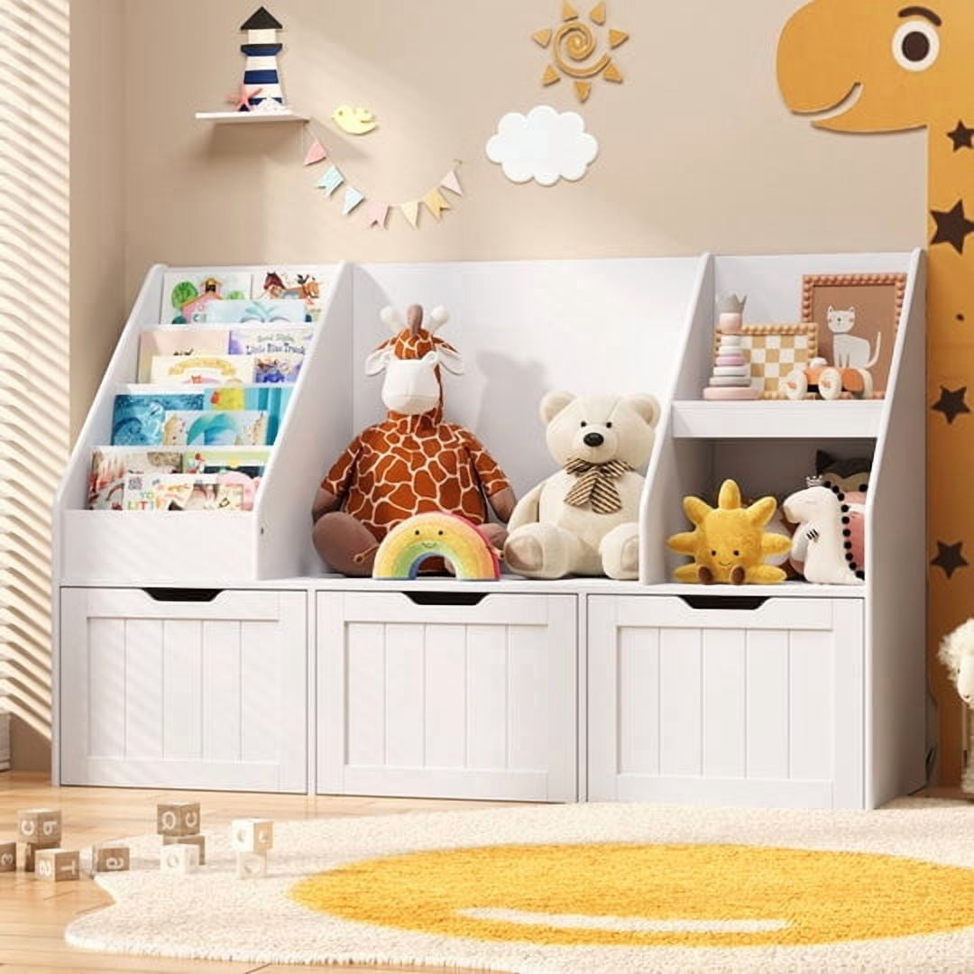 Aiho 48"Kids Bookshelf, Toy Storage Organizer with 3 Drawers on wheels & 4-Tier Book Racks, Toy Storage Organizer for Playroom Bedroom - White