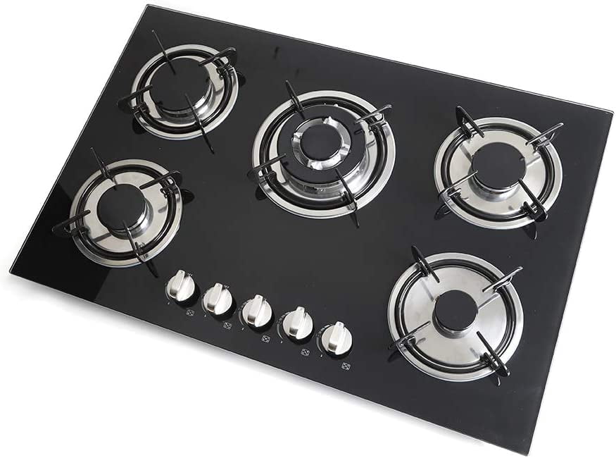Miumaeov Gas Cooktop 30" Tempered Glass Gas Hob LPG/NG Cooktops Cooker Cooktop High Power Burners Kitchen Cooktop Black