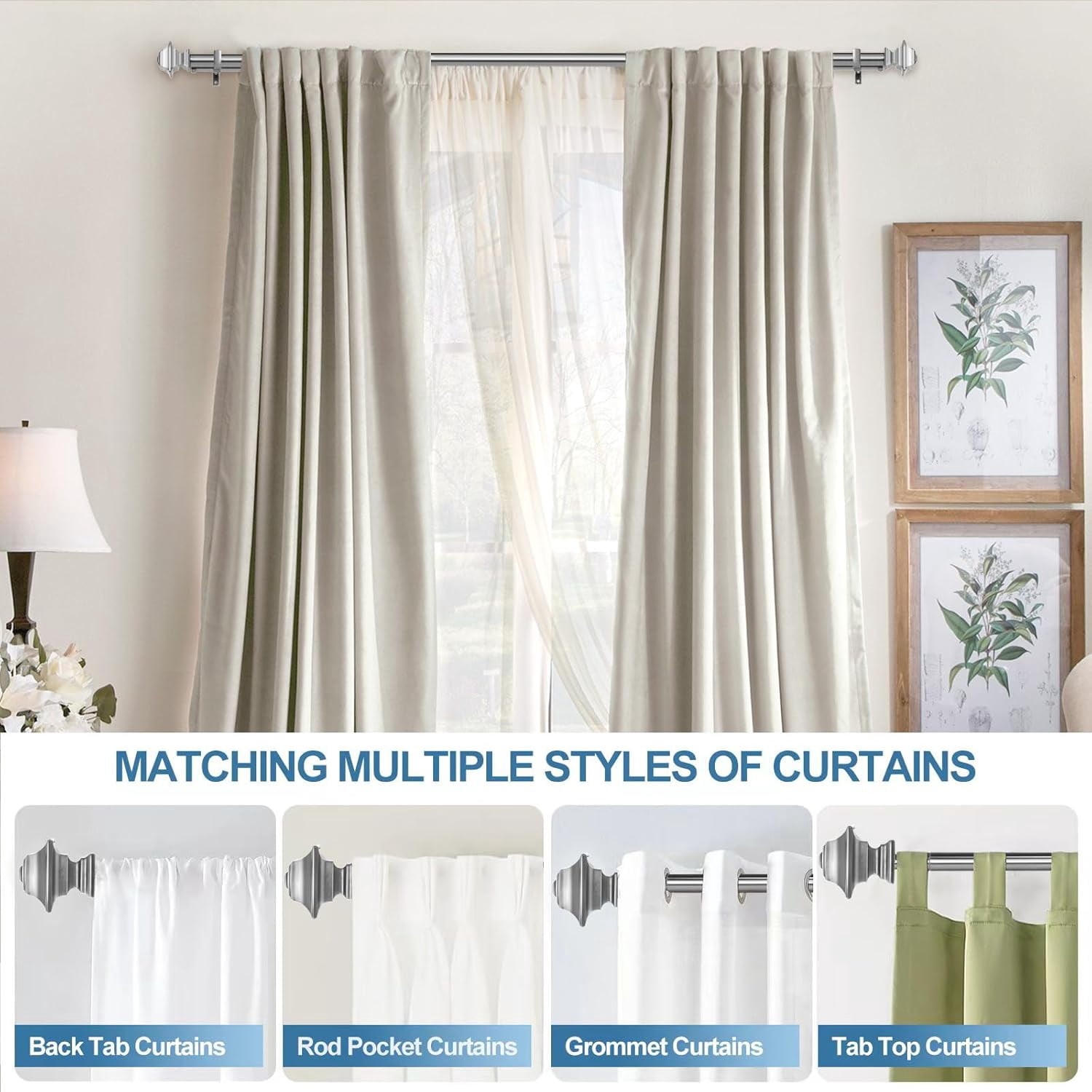 Urbanest Adjustable Double Curtain Rod Set Pila Flat Button Finials – 1″ Front & 5/8 Back Rod With Brushed Steel Rod, 28–48 Inches