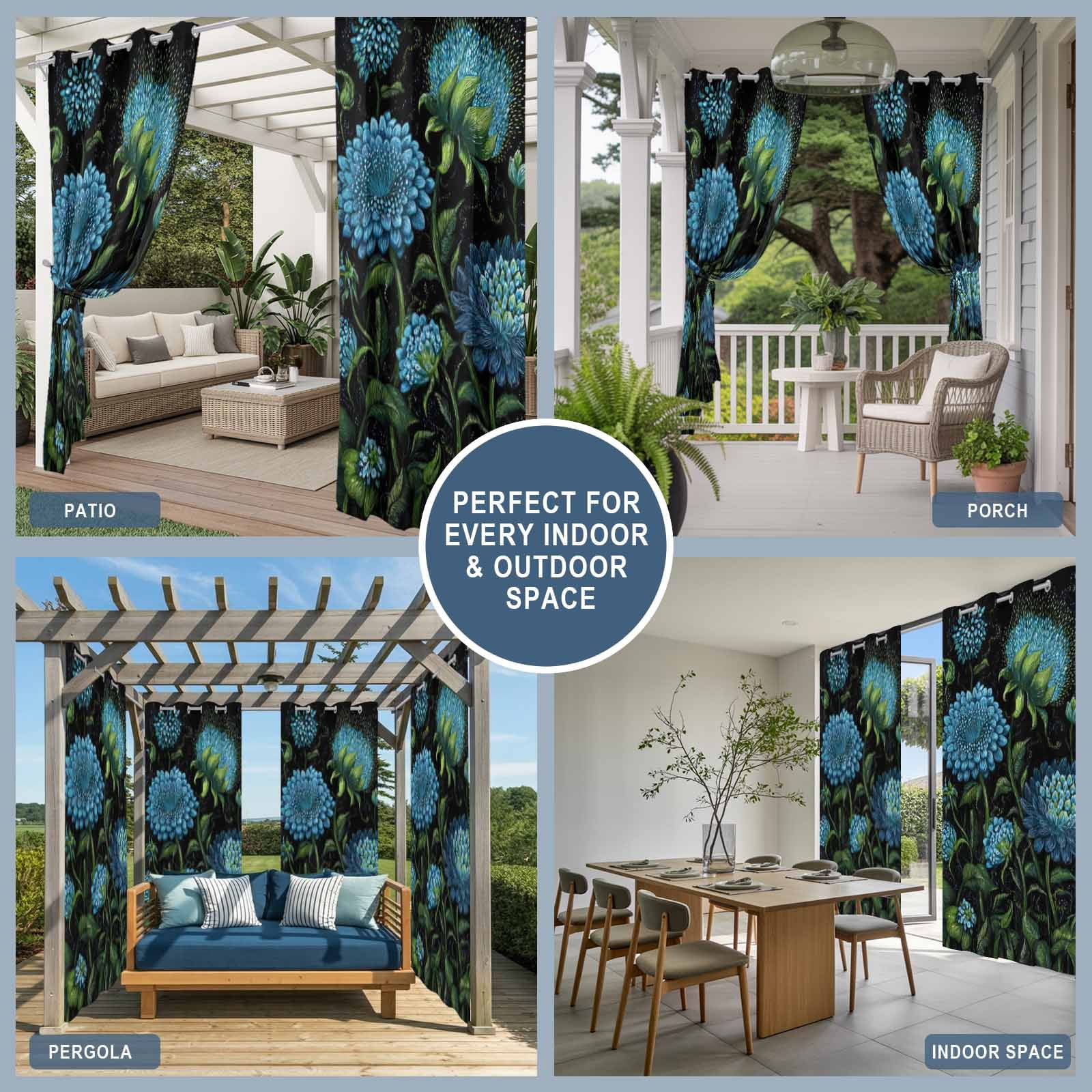 Blue Floral Boho Outdoor Curtains for Patio Waterproof, Grommet Outdoor Privacy Panels, Vintage Abstract Art Botanical Floral Weatherproof Outside Curtains for Porch/Cabana 54"Wx84"L, 2 Panel