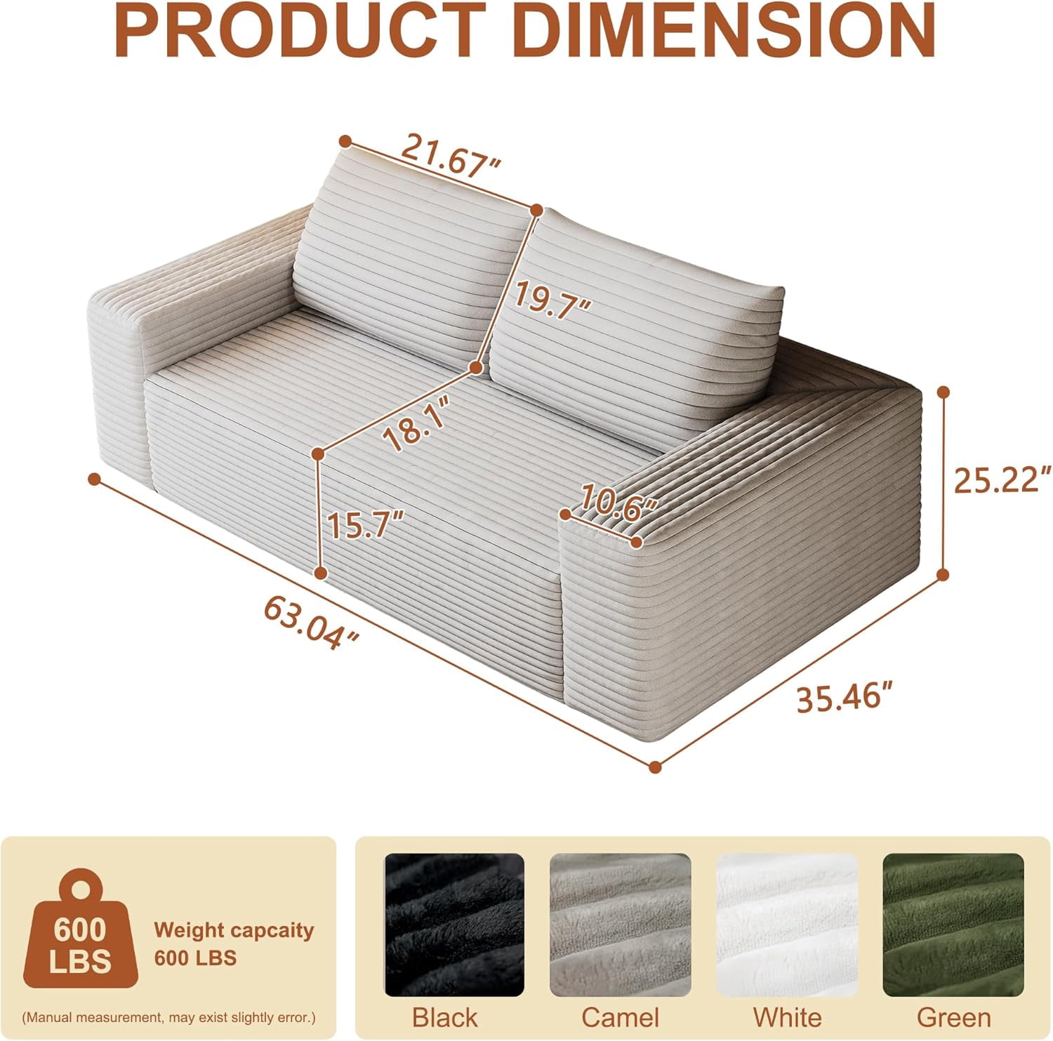 LUCKHAO 63" Corduroy Loveseat Sofa, 2-Seater Cloud Couch, Boneless Couch in a Box, Deep Seat Sofa with Memory Foam, No Assembly Required(White)
