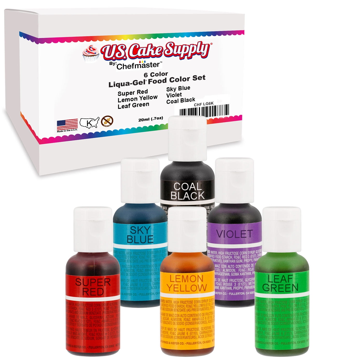 6 Color US Cake Supply by Chefmaster LiquaGel Paste Cake Color Set 0.7
