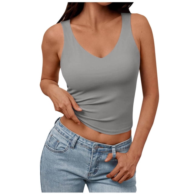 Chbgutlmr Tops Débardeurs avec Soutien-Gorge Intégré pour Femmes Col en V Sans Manches Slim Confortable Été Décontracté Crop