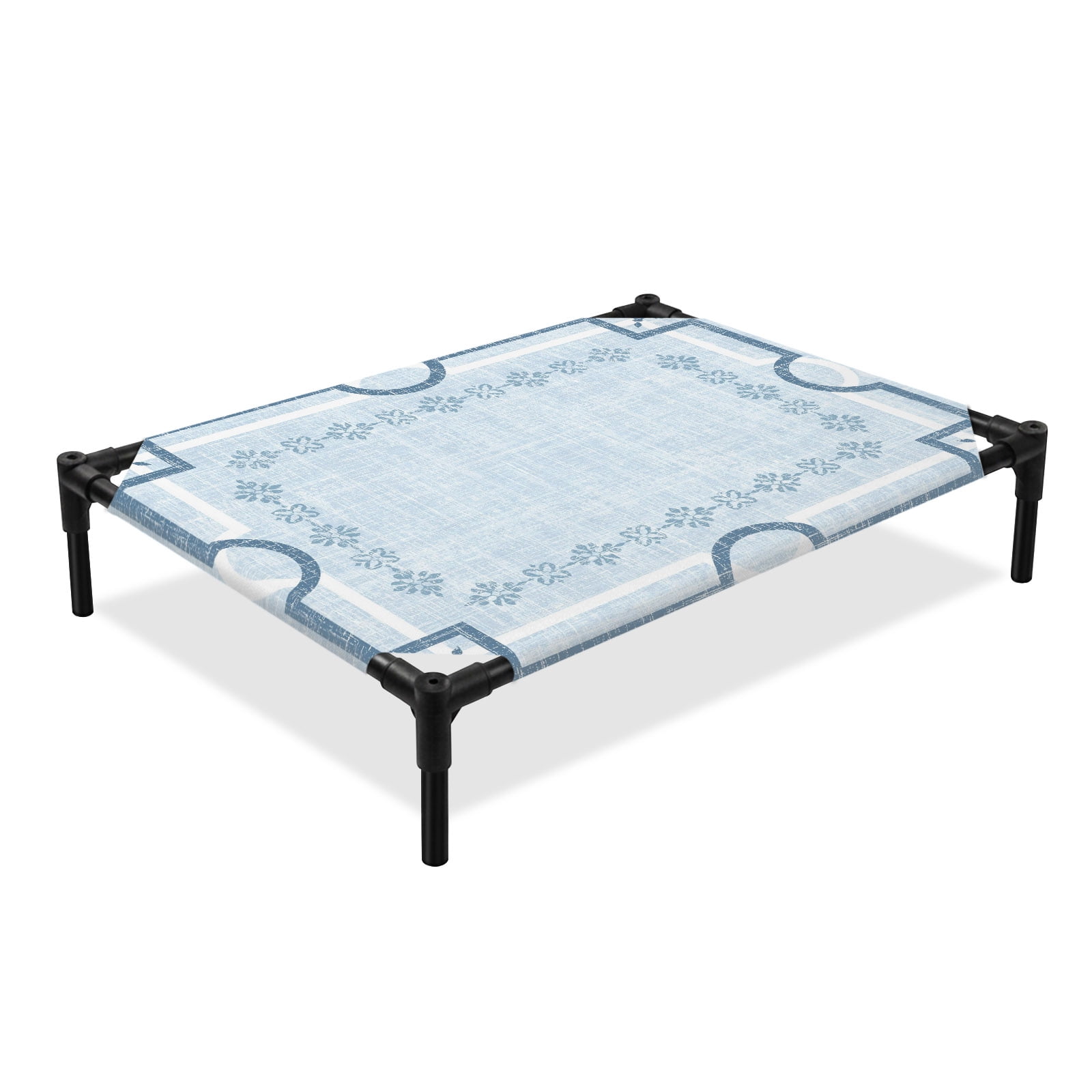 Blue Farmhouse Elevated Dog Bed Linen Texture Geometric Lines Floral Cooling Breathable Outdoor Raised Dog Cot Bed with Metal Frame Non-Slip Feet for Large Dog 28x22in