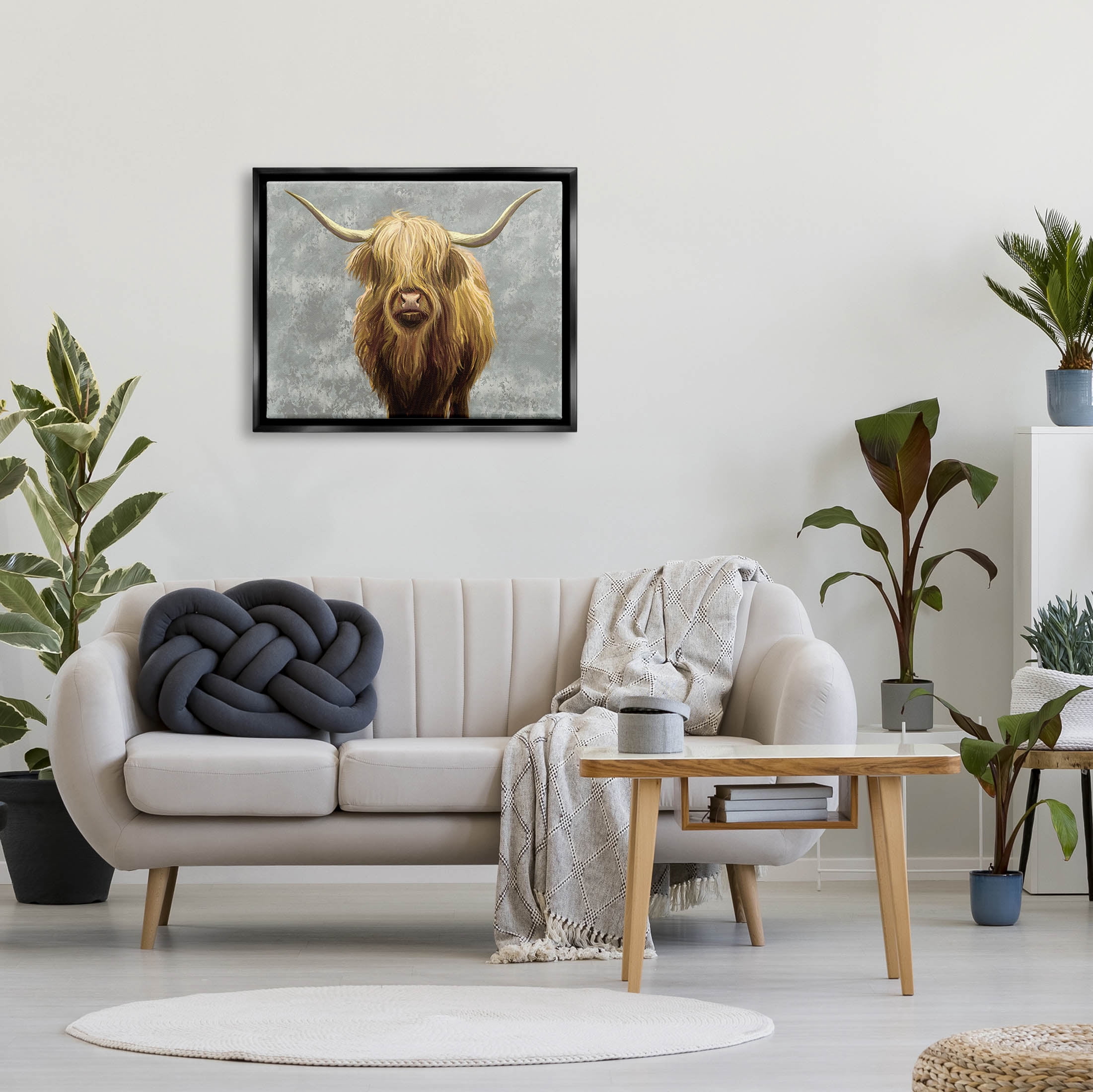 Stupell Industries Distressed Patterned Highland Cattle Graphic Art Jet Black Floating Framed Canvas Print Wall Art, Design by Ziwei Li