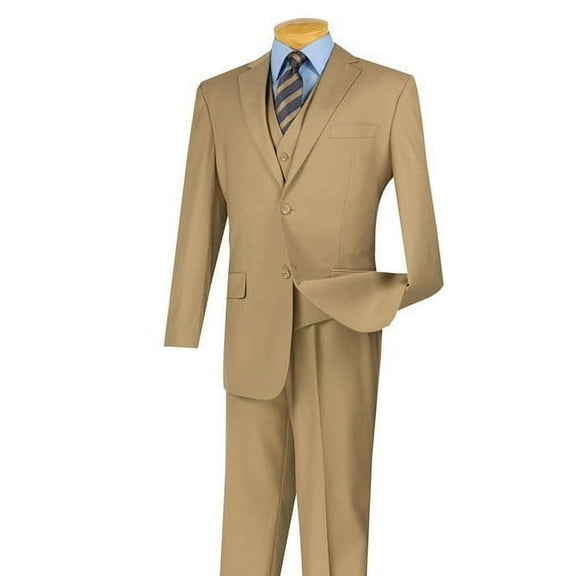 Three Piece Suit Mens Khaki 2 Button Jacket Regular Fit Wedding Groomsmen Vinci V2TR
