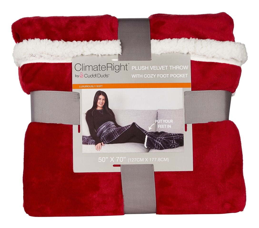 Cuddl Duds Oversized Throw Blanket with a Sherpa Foot Pocket, 50" x 70