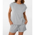 thumbnail image 6 of Womens Crew Neck Two Piece Short Sets Cap Sleeve Drawstring Summer Sweatsuit with Pocket Light Gray M, 6 of 9