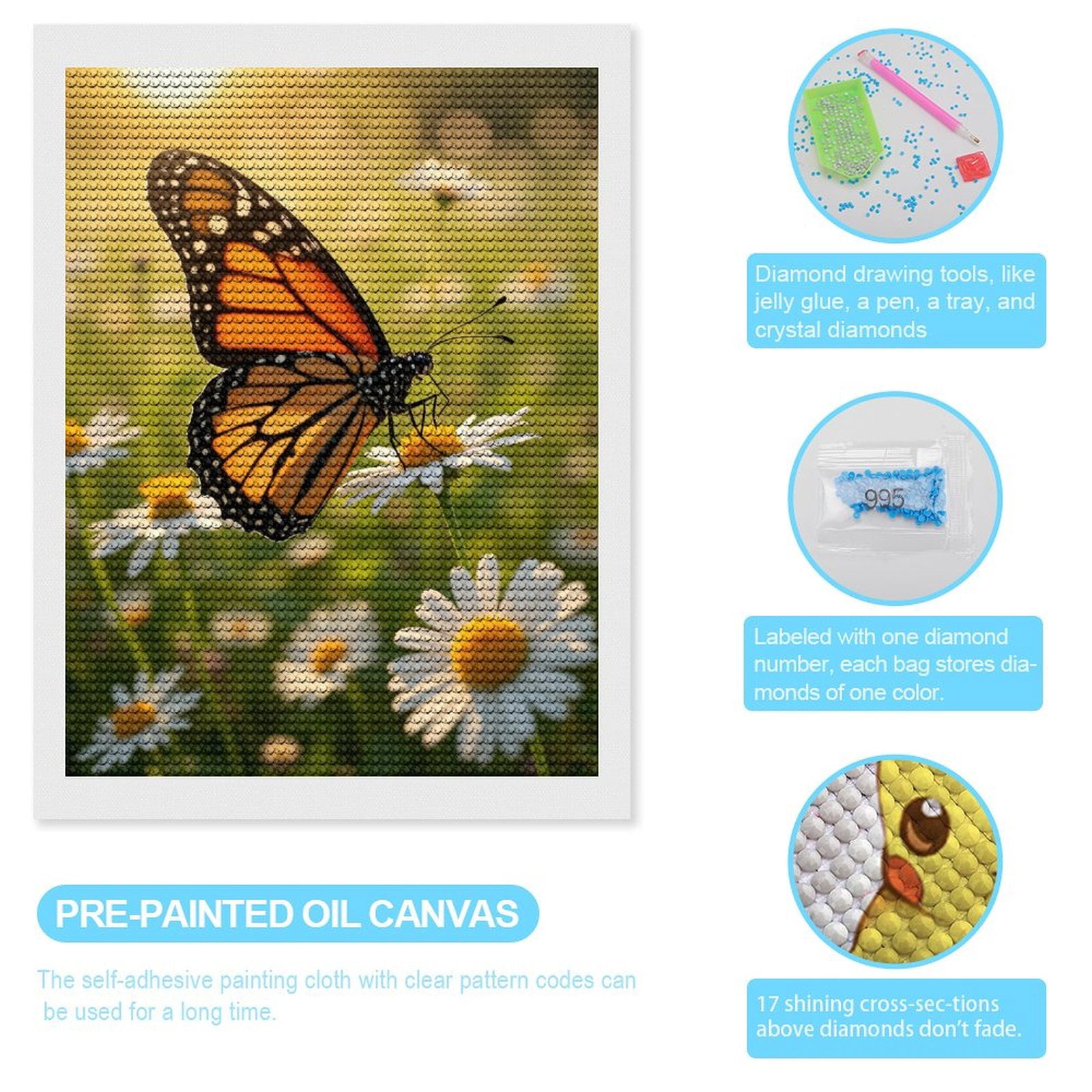 Diamond Art Kit for Adults, Butterfly On Daisies In Sunlight Diamond Painting for Adults Beginners, 5D DIY Diamond Art Painting Kits, Colorful Diamond Painting Craft for Home Decor 12x16