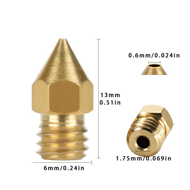 3D Printer Nozzle Brass Extrude ; firm Head Mini Portable Brass Nozzle Firm Printer Thread, 0.6mm/1.75mm