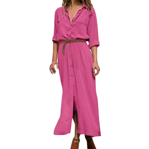 Women's Casual Elegant Long Shirt Dress with Lapel and Belt Stylish Solid Button Down Sleeve Comfortable Flowy Feminine Outfit
