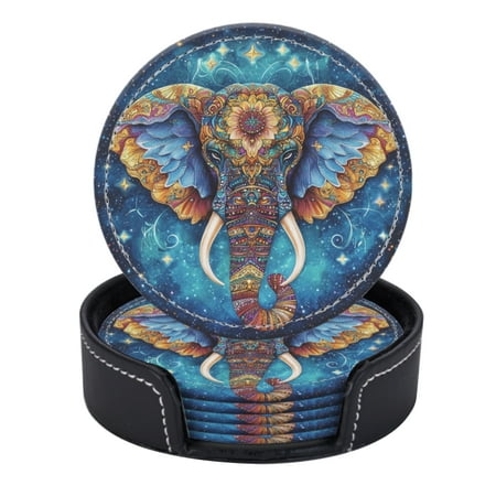

PU Leather Coasters for Drinks Bar Beer Set of 6 with Holder Round Housewarming Gift Colorful Mandala Design Featuring Elephant Head