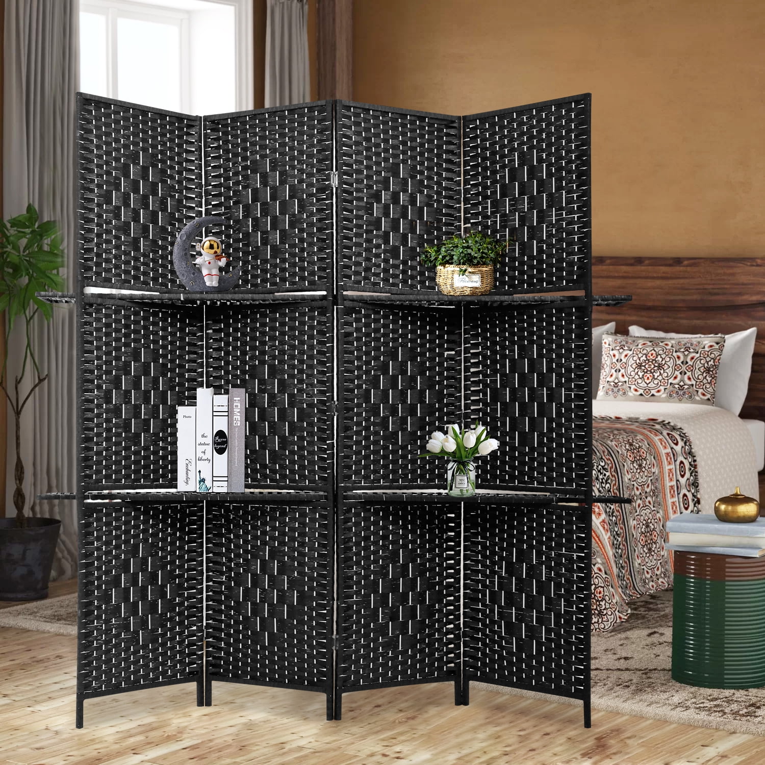 YRLLENSDAN 4 Panel Room Divider Wall, Room Partitions and Dividers Freestanding Portable Wall Room Partition Folding Room Divider with Removable Storage Shelves, Black