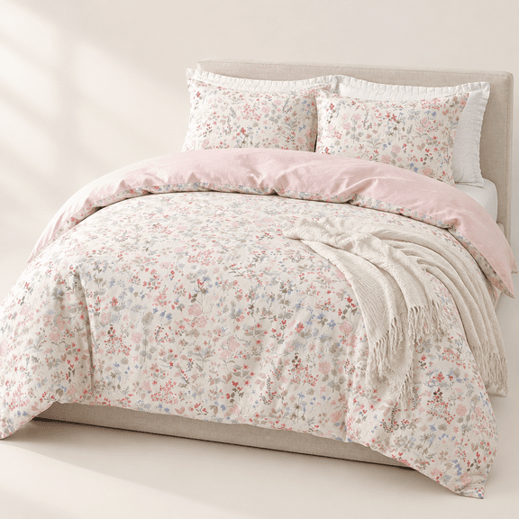 Pink Queen- 90"x90" Floral Leaf Print Cotton Duvet Cover Set with Pillow Shams