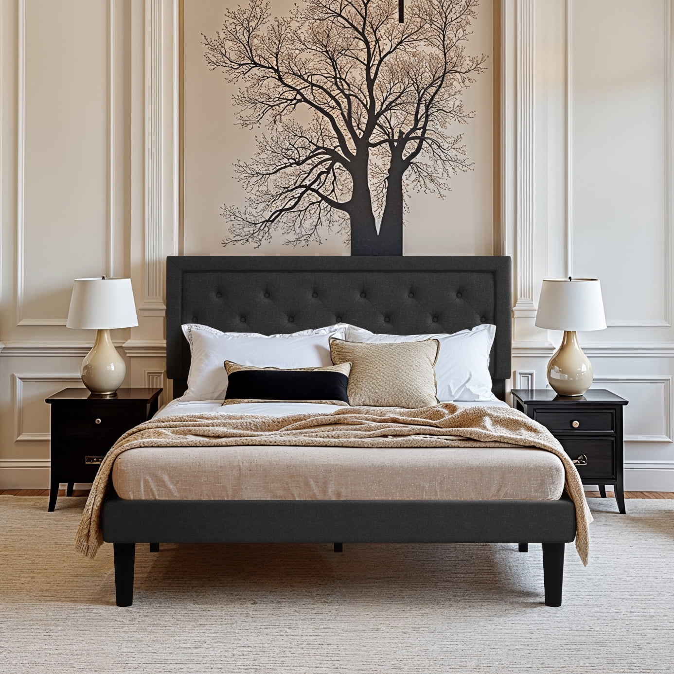 Amolife Queen Bed Frame with Adjustable Headboard, Fabric Upholstered Platform Bed, No Box Spring Required, Black