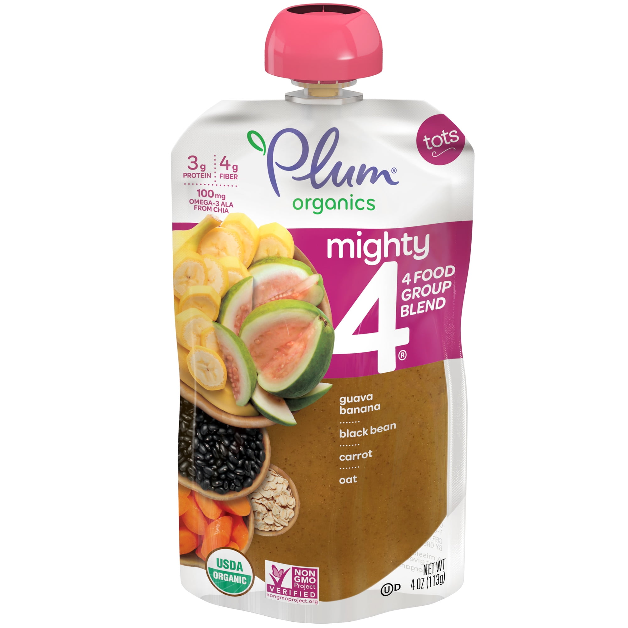 Plum Organics Mighty4 Toddler Baby Food, Guava Banana Black Bean Carrot Oat, 4 oz Pouch