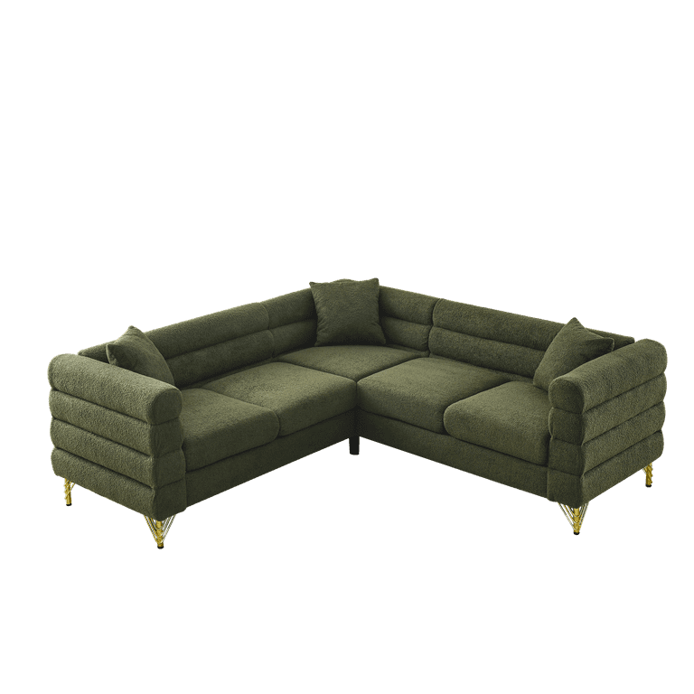 Mikibama 81 Inch Oversized L-Shaped Corner Sofa - 5 Seater Teddy Fabric Sectional, Green, With Gold Metal Legs