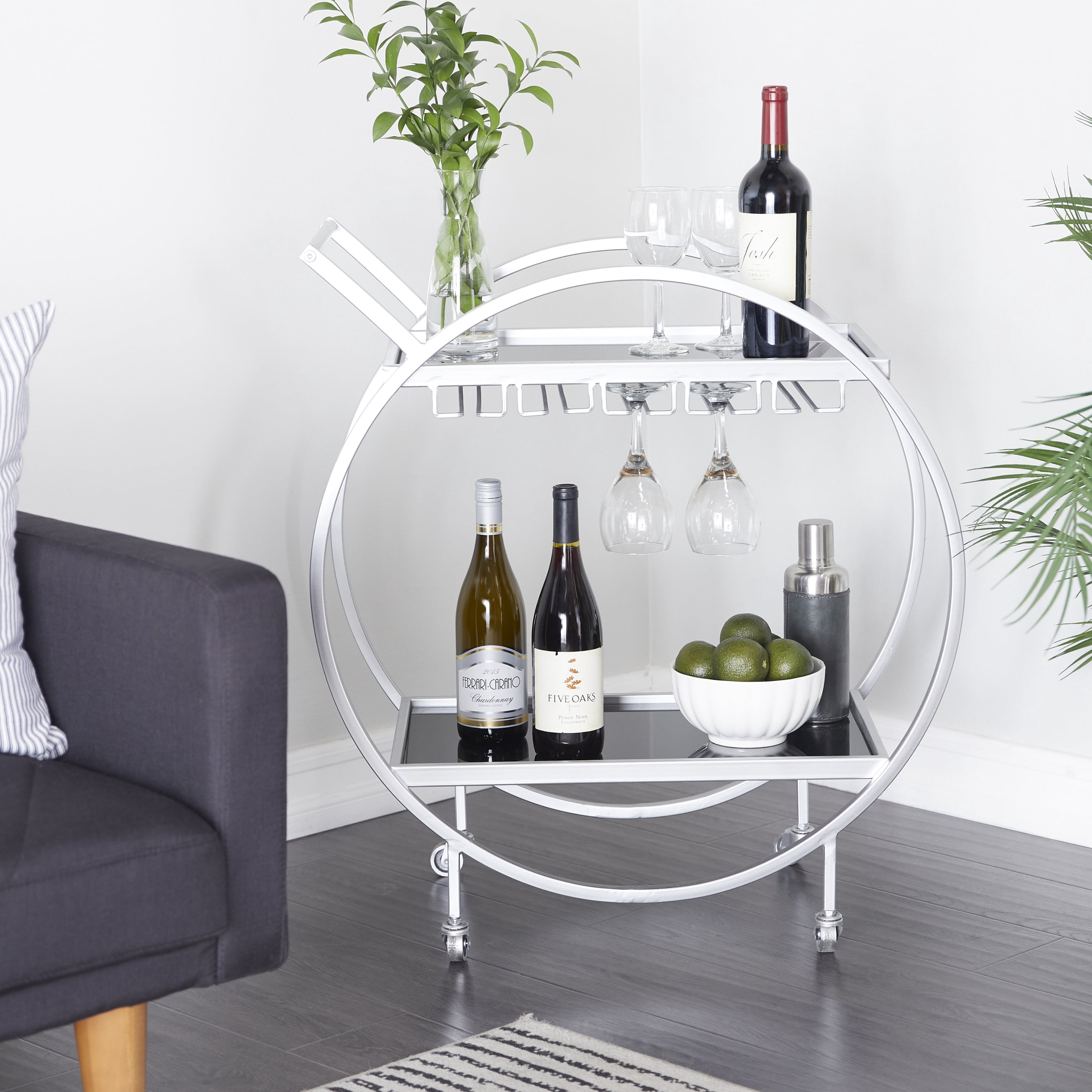 DecMode 28" x 31" Silver Metal Rolling 2 Mirrored Shelves Bar Cart with Wine Glass Storage and Handle, 1-Piece