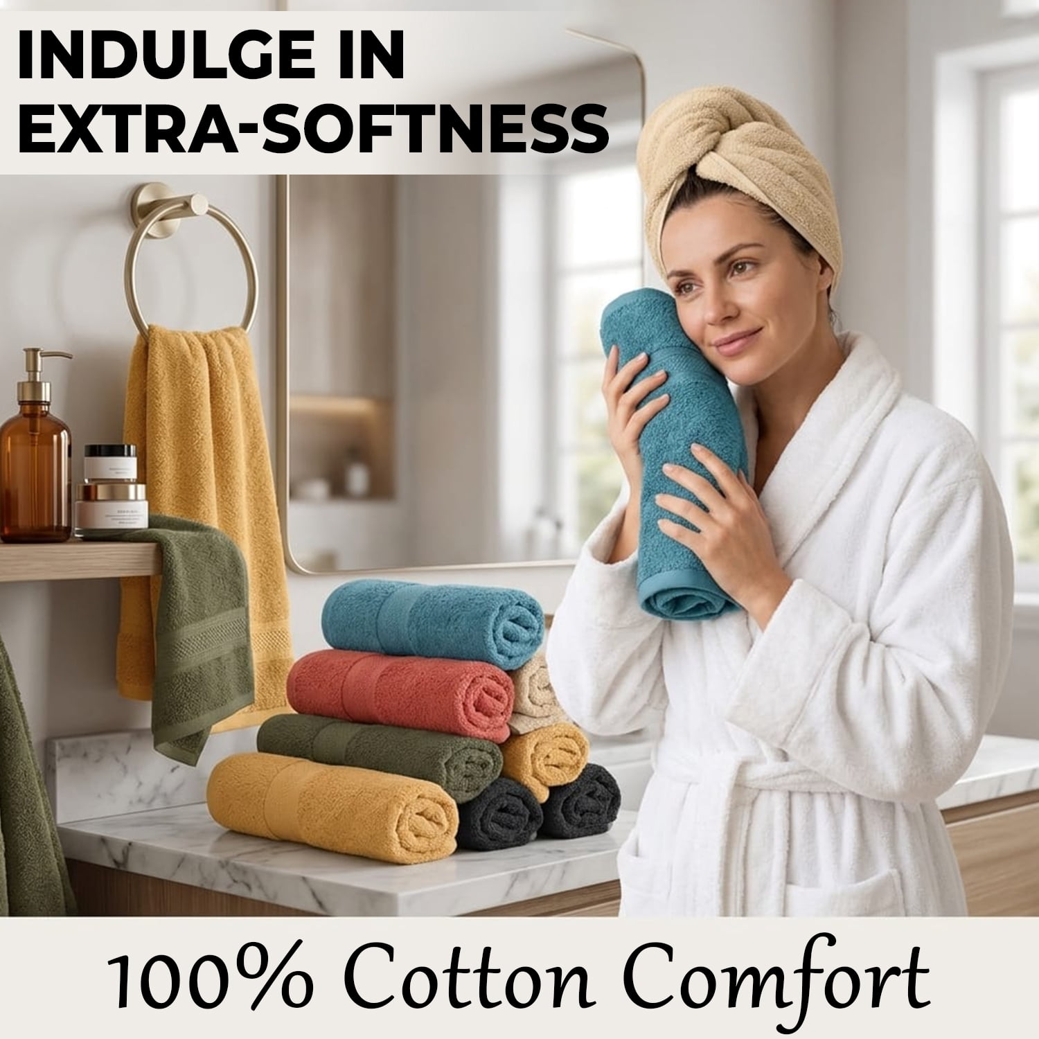 Pack of 6 Bath Towels 27 x 54 Inches, 100% Cotton, Larger & Lighter Weight, Quicker to Dry, Super Soft and Absorbent, Perfect for Bathroom (Multicolor, Pack of 6 (27''x54''))
