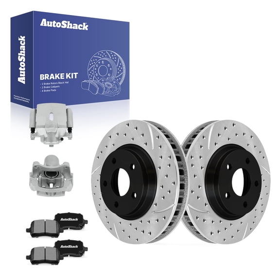 AutoShack Front Vented Drilled & Slotted E-Coated Brake Rotors   Ceramic Pads   Calipers 8-PC Brake Kit Replacement for 2004-2006 Chevrolet Malibu 2005 Pontiac G6 ShadowGuard 11.65" (295.8 mm)