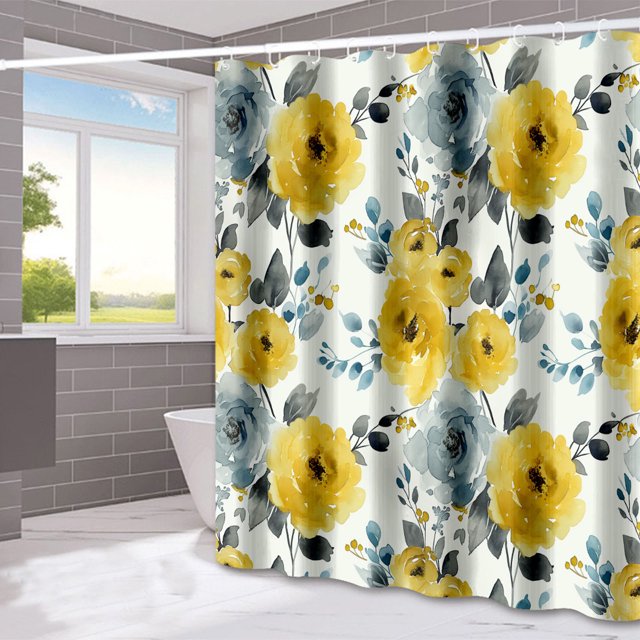 Cortina de ducha con estampado de flores de tinta para baño, con separación de humedad y secado rápido, impresión digital, impermeable.