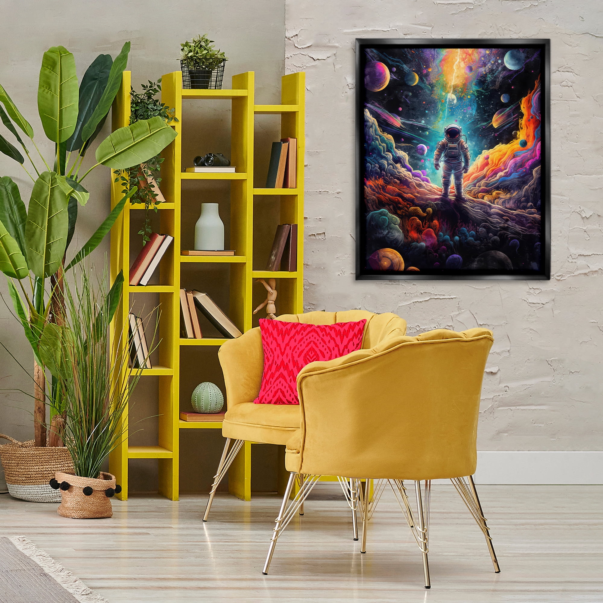 Stupell Industries Astronaut on Planet Terrain Astrology & Stars Painting Black Floater Framed Canvas Art Print Wall Art, 25 x 31