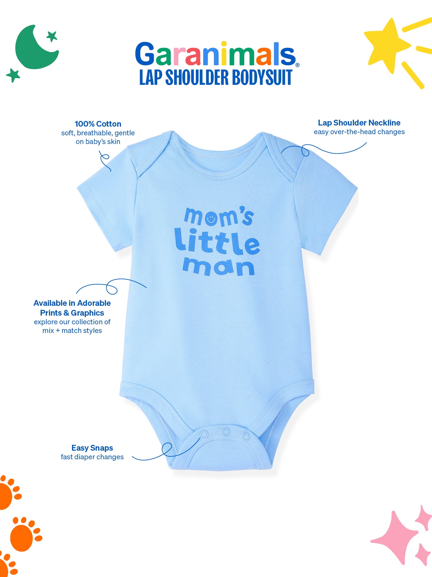 Garanimals Newborn & Baby Boy Cotton Lap-Shoulder Short-Sleeve Bodysuit, Sizes 0–24M