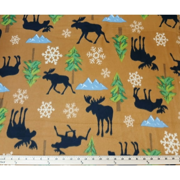 Fleece Moose Lodge Gold Wildlife Northwoods Mountains Snowflakes Pine Trees Animals Fleece Fabric Print by the Yard (6121M-10H)