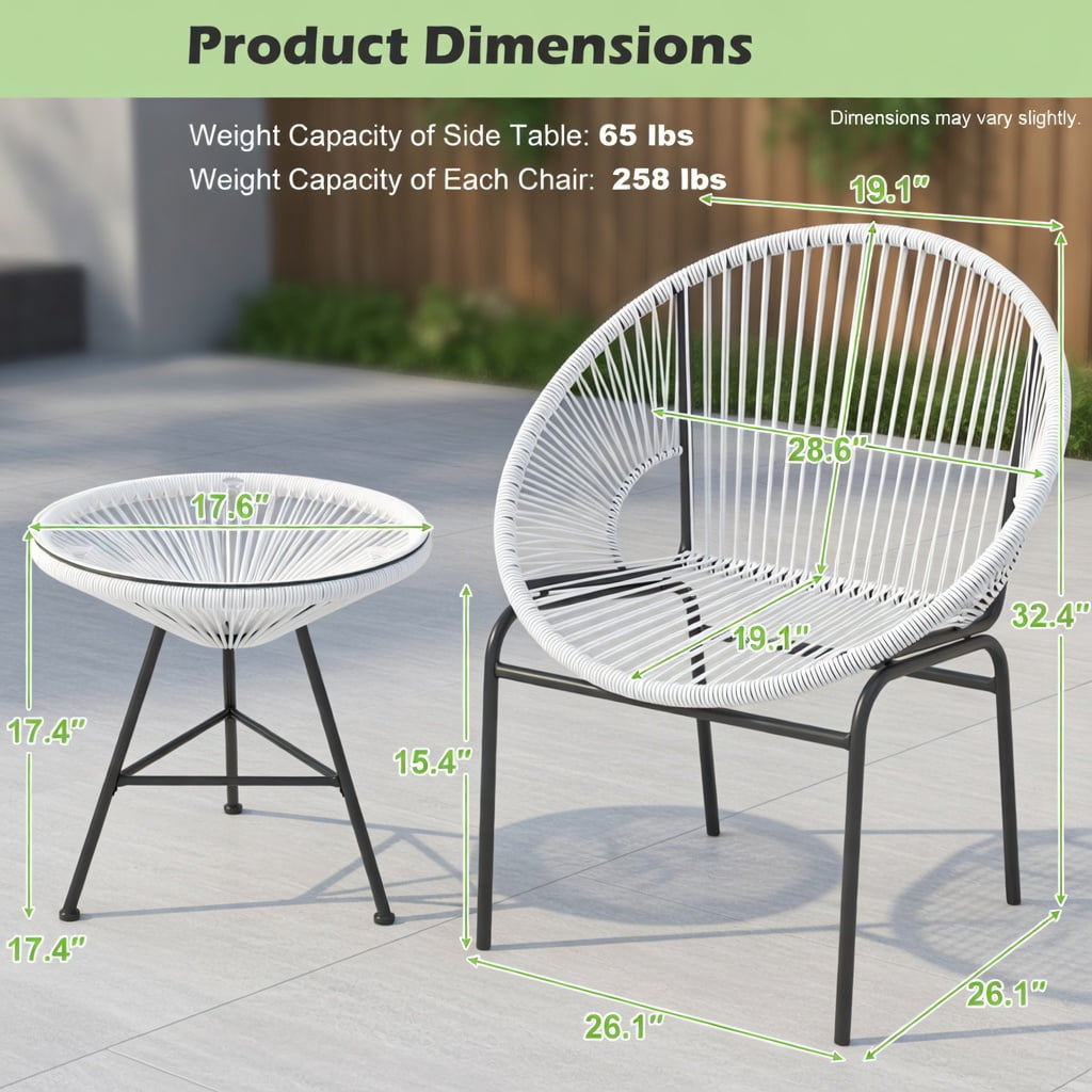 Hommoo 3-Piece Outdoor Acapulco Bistro Set, 2 Ergonomic Rope Chairs + Tempered Glass Table, White