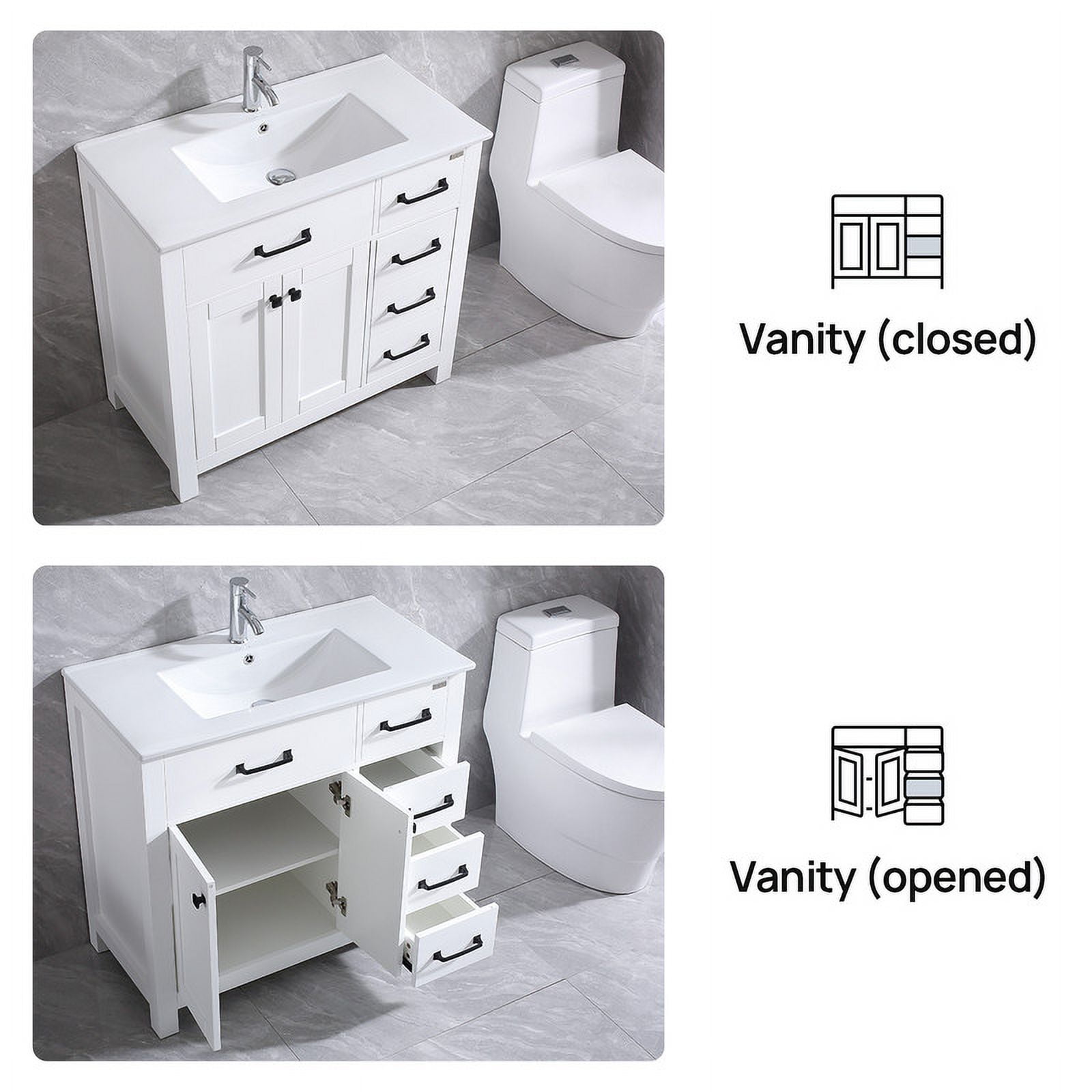 Wonline 36" Luxurious Bathroom Vanity with Sink Top,Modern Bathroom Vanities with 2-Door and 5 Drawers Cabinet,Undermount Ceramic Sink,White