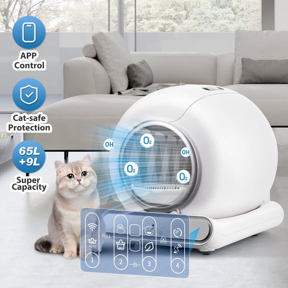 Smart Automatic Self-Cleaning Cat Litter Box for Multicat, Cat Litter Box with Wifi APP Control/Integrated Safety Protection, 65L 9L Large Capacity with 2 Rolls Trash Bag, White