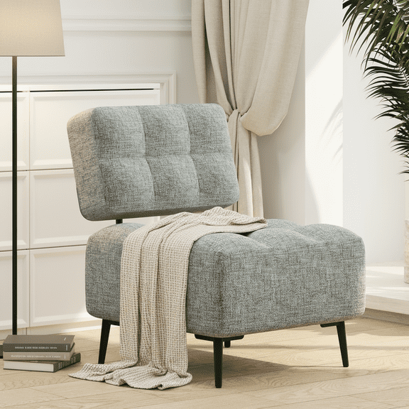 Erinnyees Mid-Century Modern Accent Chair with Plush Cushion & Metal Legs, Comfy Gray Linen Armchair for Living Room, Bedroom, Gray