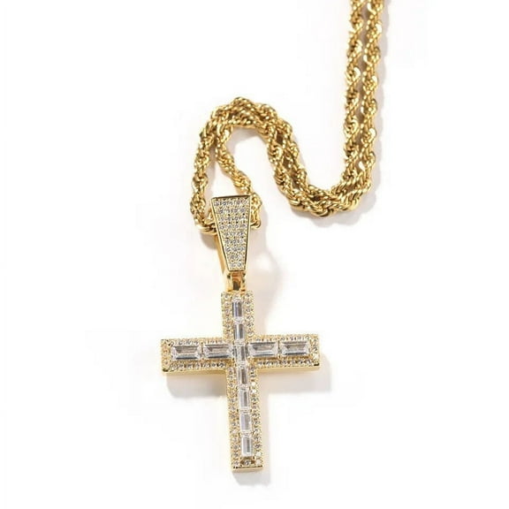 14K Gold Over Finish Simulated Diamond Iced Out Holy Jesus Christ Baguette Cross Custom Charm Pendant Necklace, Christmas Gift, Free chain