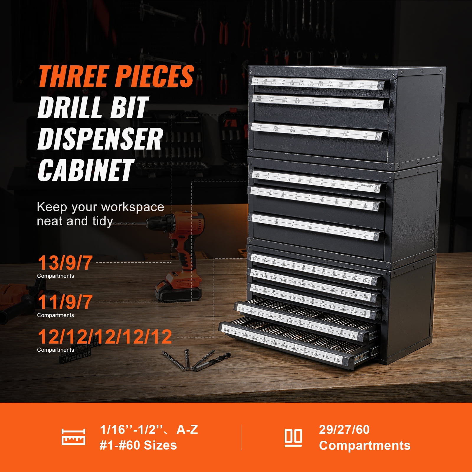 KFFKFF Drill Bit Storage Cabinet, Includes 3 Three-Drawer Units for 1/16" to 1/2" & A-Z Letter Sizes, Plus Five-Drawer Organizer for Wire Gauge #1 to #60, Modular Design for Easy Stacking