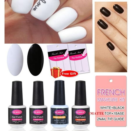 French Manicure Nail White Black Matte Nail Polish Gel Matte Top Coat and Base Coat DIY Nail Art at Home Free Nail Sticker by (Best White Polish For French Manicure)