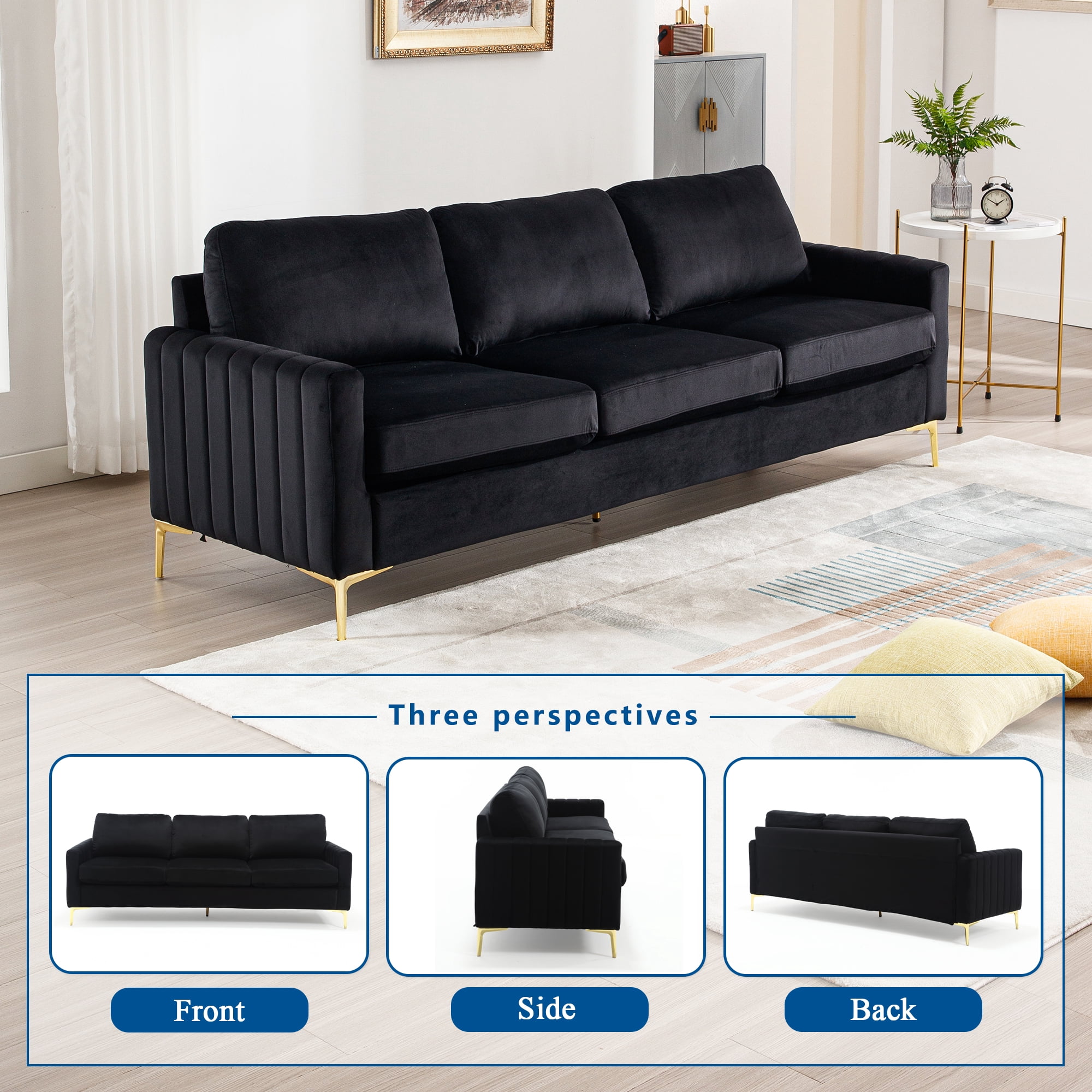 Lunale 85" Velvet Sofa, 3-Seater Deep Seat Cloud Couch, Modern Living Room Furniture, Black