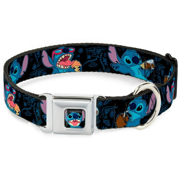 Disney Pet Collar, Dog Collar Metal Seatbelt Buckle, Stitch Snacking Poses Black Blue, 9.5 to 13 Inches 1.0 Inch Wide