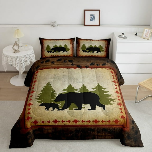 Bear Comforter Set King Size Rustic Farmhouse Bear Wildlife Bedding Wild Bear Bedding Comforter Sets Country Cabin Lodge Decor Down Comforter Nature Woodland Bear Paw Print Duvet Insert Brown Green